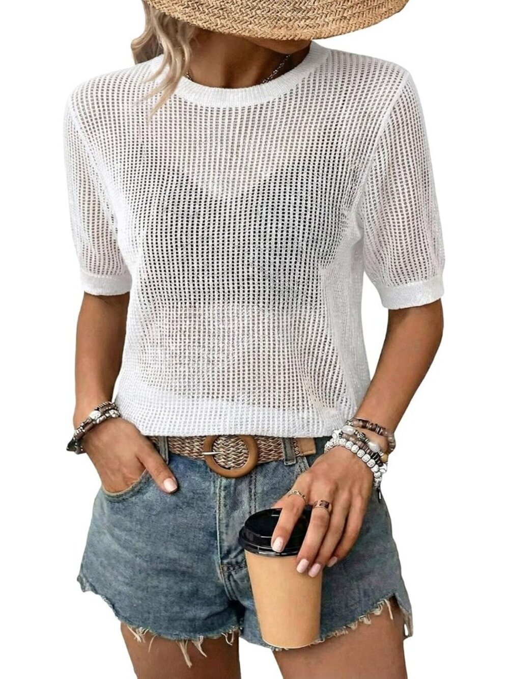 Women White Summer Short Hollow Out Floral Sweaters Beach Vacation Cruise Tops